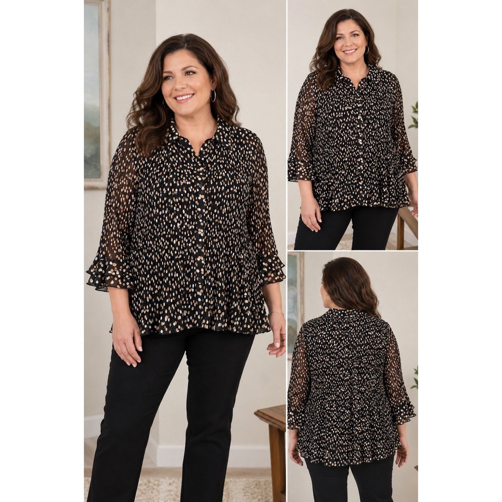 Maggie Barnes Womens 1X Pleated Blouse Polka Dot Ruffle Sheer Stretch Flowy Top